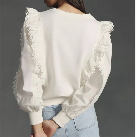 Anthropologie Ruffled Boho Eyelet White 100% Cotton Sweatshirt XS Fall - Picture 2 of 8
